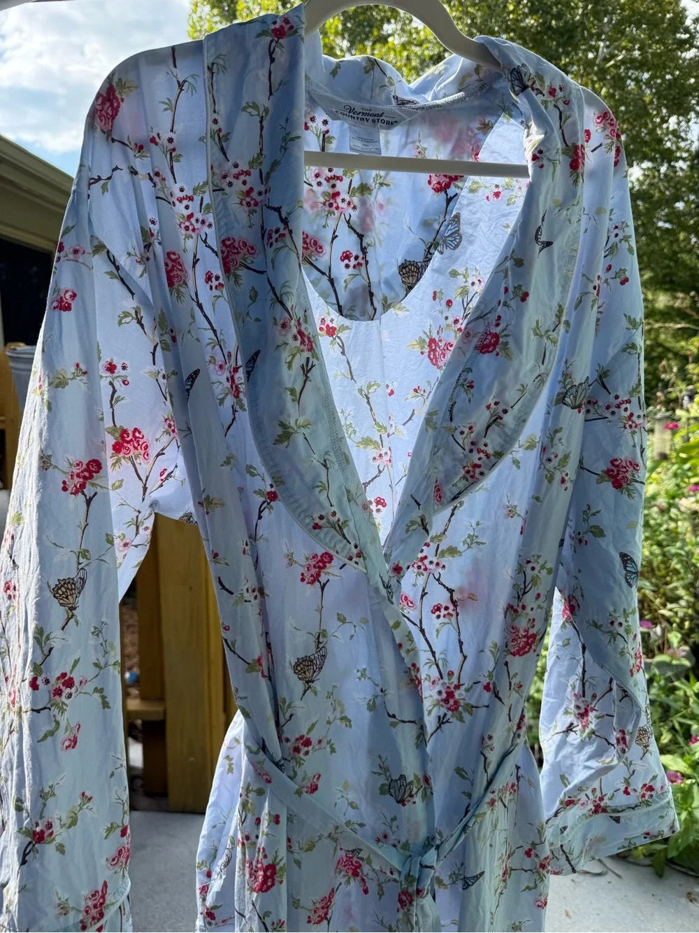 Vermont Country Store Women's Floral Cotton Robe - Light Blue with Pink Print 3X